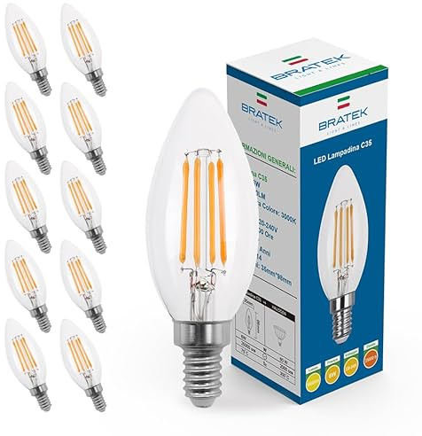 Bratek 10 Lampadine Led E14 Luce Calda Vintage a Candela 3000k 6W 660 Lumen | Bratek Lampadina Vintage Attacco Piccolo e14 a Filamento Led Trasparente Equivalente 75W a Incandescenza o 60w Alogena