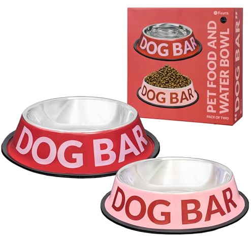 Fisura- 2 Hundenäpfe aus Edelstahl “Dog bar”. Rutschfester Futternapf für Hunde in Rosa und Rot. Futterbehälter 500 ml und Trinknapf 1000 ml. Originelles Set für Haustiere.