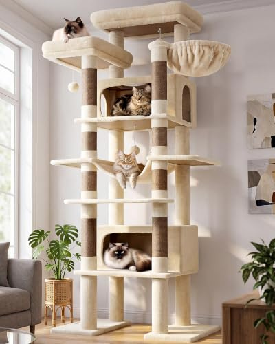 Globlazer F83B Arbre à Chat XXL Beige Grand 213 cm Arbre a Chat Intérieur | Extra Grand, Luxe Stable Plusieurs Niveaux, robuste, Plus 2 Mètres, 2 Grande Niches Plateformes pour 3-5 Plusieur Grand Chats