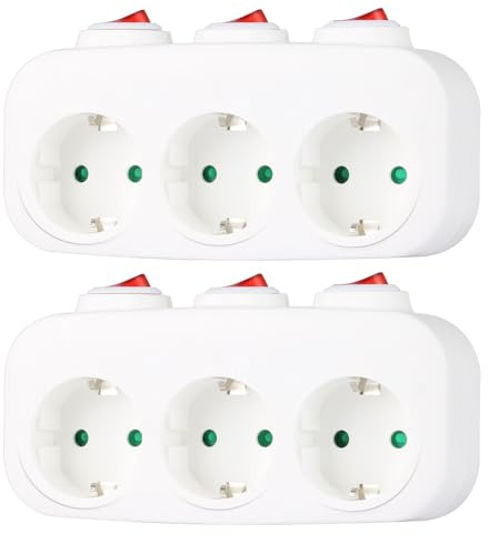 CILIA Ladrón Enchufe Triple con 3 Interruptores Independientes, Adaptador Enchufe Múltiple 3 Tomas Schuko, Regleta sin Cable Pared 3500W 16A, Multiplicador Corriente Individual - Blanco Pack de 2