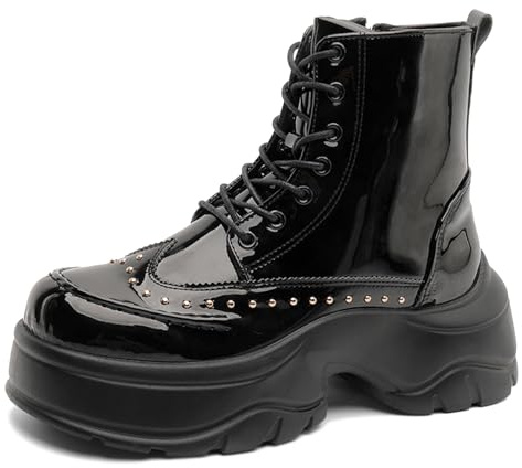 OXNGDMDM Men's Patent Leather Rivet Platform Motorcycle Boots with Side Zipper Fashion Comfortable Non Slip Chunky Block Heel Goth Dress Combat Ankle Boots for Street Biker (9,Black)
