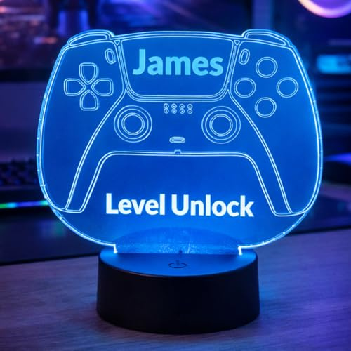 Personalised Gaming Controller LED Night Light – Custom Name & Text Acrylic 3D Illusion Lamp – Gamer Bedroom Decor Gift for Boys, Kids & Teens – Multicolour USB Desk Lamp