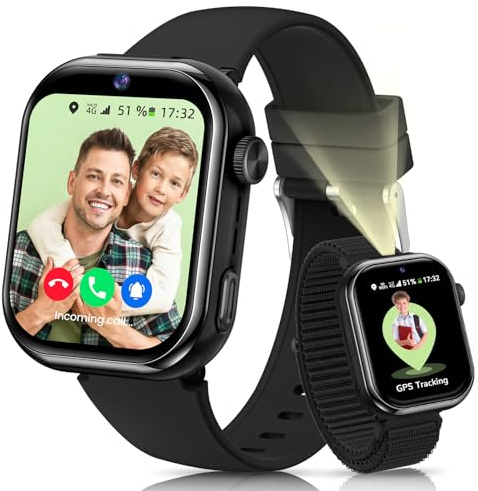 4G Smartwatch Bambini, Orologio Smartwatch Bambini GPS con Chiamate, Videochiamate, Chat Vocale, Modalità Scuola, Doppia Fotocamera, Sveglia, Contapassi, IP68, Smart Watch per Ragazzi e Ragazze, Nero