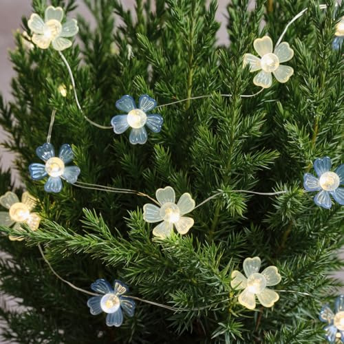 Lights4fun Blumen-Lichterkette mit blauen & weißen Blüten | mit warmweißen LEDs | mit 6h Timer | Batteriebetrieben | Deko Frühling Frühjahr Sommer Ostern | für Innen & Außen | Länge 200 cm
