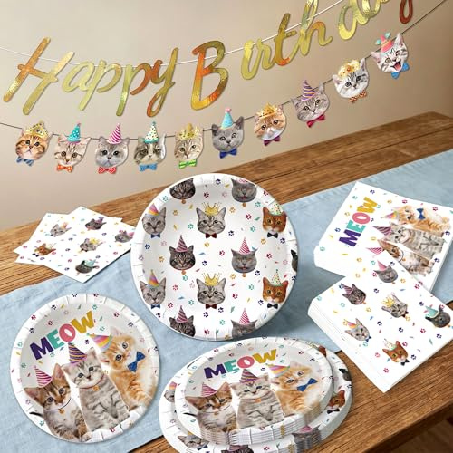 decoración gatos cumpleaños juego platos servilletas taza | 42 piezas decoración gatos cumpleaños juego platos servilletas taza suministros fiesta felinos celebración