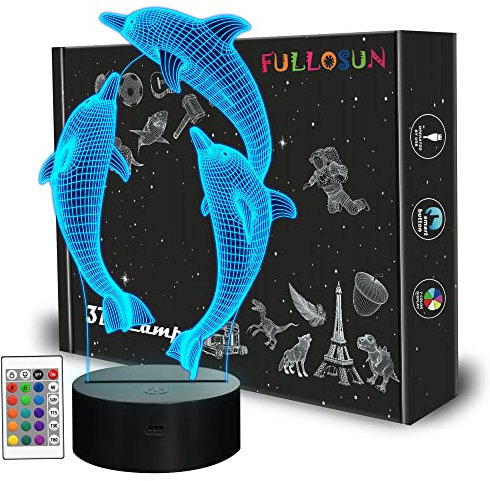FULLOSUN Nachtlicht für Kinder Ocean Dolphin 3D Nachtlicht Porpoise Delfin Nachtlampe 16 Farbwechsel Weihnachten Geburtstagsgeschenk für Kind