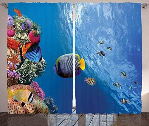 ABAKUHAUS Ocean Life Rustikaler Gardine, Unterwasser Fisch Meer, Schlafzimmer Kräuselband Vorhang mit Schlaufen und Haken, 280 x 175 cm, Blau