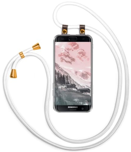 moex Handykette für Samsung Galaxy S7 Edge Hülle mit Band abnehmbar, Handyhülle mit Kette zum Umhängen, Handyband 155 cm lang Stoff Kordel Umhängehülle, Handy Umhängeband, Weiß
