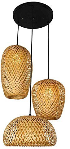 Main En Bambou Naturel Lustre Tissage Vintage Luminaire Suspendu Rotin Tissé Créations De Fées Créatives Réglable E27 Lumiere Plafond Restaurant Salon Chambre Rétro Vague Suspensions Lamp (3 heads)