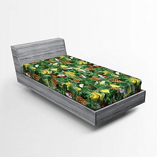 ABAKUHAUS Tropisch Spannbetttuch, Ananas Banana Coconut, Soft Dekorativer Stoff Bettwäsche Rund-um Elastischer Gummizug, 90 x 200 cm, Grün Braun
