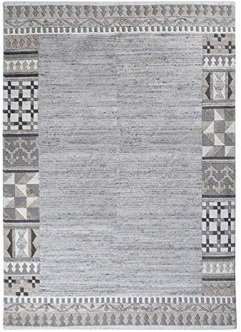 Theko | Teppich Nakarta aus 100% ungefärbter Schurwolle | mit Muster | handgeknüpft | Farbe: Natur Grau | 70 x 140 cm