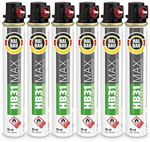Halbau Lot de 6 cartouches de gaz 165 mm, 80 ml, Fuel Cell, gaz de rechange pour cloueurs, anneau rouge, gaz toutes saisons HB31
