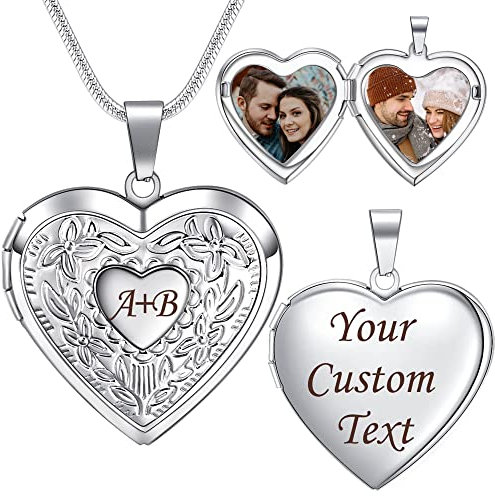 Farfume Personalisierte Foto-Medaillon-Halskette – Herz Medaillon mit Gravur Text und 2 Zwei Fotos – Kette mit Bild (Floral-Silver)