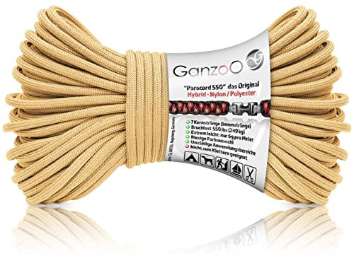 Ganzoo Paracord 550 Seil braun beige, 4mm, Typ 3, Nylon Polyester, Hybrid, Armband, Hunde-Leine, Hunde-Halsband knüpfen, ca. 250kg Bruchlast, Outdoor Rope, Camping Schnur, Allzweckseil, 30 Meter