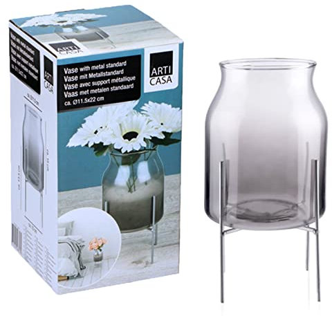 Glass Flower Vase with Stand Plant Pot Planter Bud Vase Metal Stand Holder Decorative for Home Living Room Dining Table Top Desk Decoration Wedding Centrepiece Indoor Décor Gift (Grey 15cm)