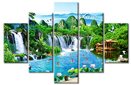 Chinesische Landschaft, Aquarellmalerei, Wanddekoration, Poster und Drucke, 5-teilig, Berglandschaft mit Wasserfall und neun Fischen als Wanddekoration, Wanddekoration für Schlafzimmer, fertig zum
