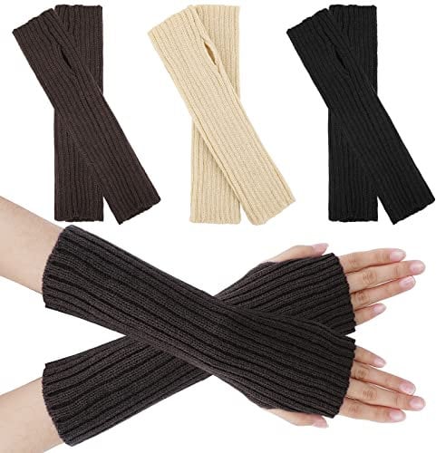 PHOGARY 3 Paar Lange Halb Fingerlose Handschuhe Damen, Winter Armstulpen Damen Warme Stricken Armwärmer Lange Pulswärmer Damen mit Fingerlöchern Handstulpen Arm Warmers für Herbst Winter