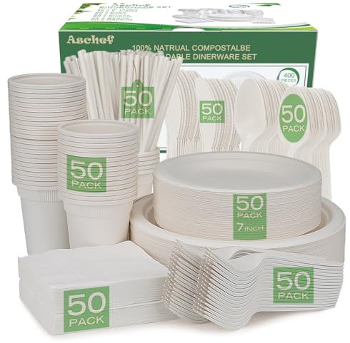 Aschef 400Pcs Assiette Pas Cher Blanche en Bagasse Bio Vaisselle Fourchette Couteau Cuillère Tasse Paille Serviette pour Fête de Mariage Soirée Party Camping 50 Invités