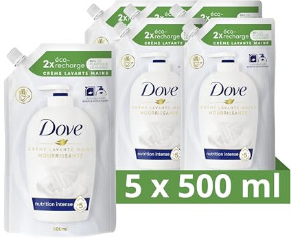 DOVE - Crème lavante pour les Mains - Nutrition intense pendant 24h - Elimine efficacement les bactéries au lavage - Eco-recharge (lot de 5x500ml)