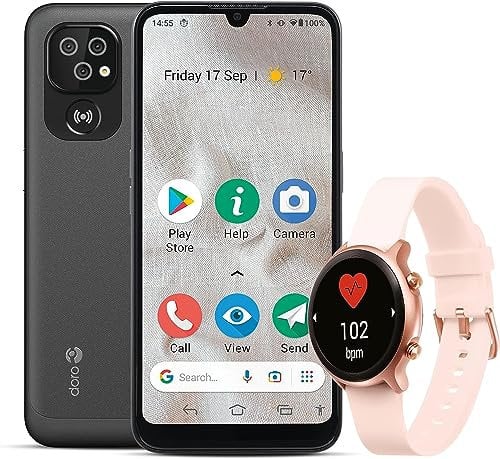 Doro 8100 + Smartwatch - 4G Smartphone Anziani - Cellulare Facile Anziani - Resistente all'Acqua - Fotocamera 13MP - Display 6.1 - Tasto Assistenza - Orologio Fitness - Uomo - Donna (Nero+Rosa)