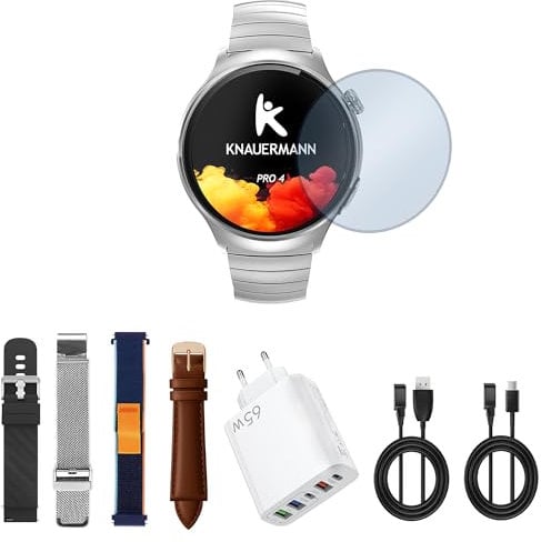 Knauermann PRO 4 EKG-Gesundheitsuhr mit Telefonfunktion – Smartwatch in Silber – Puls, Blutdruck, Blutsauerstoff, HRV, Schlafanalyse – Für Damen und Herren – Premium-Set mit 5 Armbändern Silber