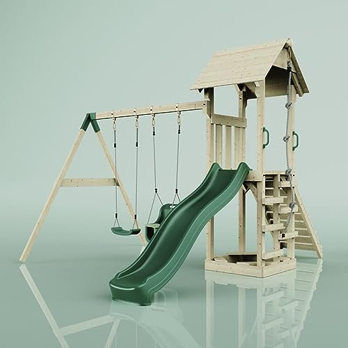 Rebo Spielturm mit Wellenrutsche und Kinder-Schaukel und Baby-Schaukel | Outdoor Klettergerüst Garten | Kletterseil und Kletterleiter | Stabile Konstruktion, Weiches Gefühl in den Seilen