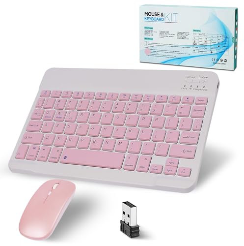 Bluetooth Tastatur Kabellos,Funktastatur Mit Maus, 2.4GHz Maus, Mini Tastatur Ultra-Dünn Wireless Tastatur Maus Set für iPad,Mac,Laptop, Tablet,Surface,Phone,Computer,Windows/Android/iOS,QWERTY,Rosa