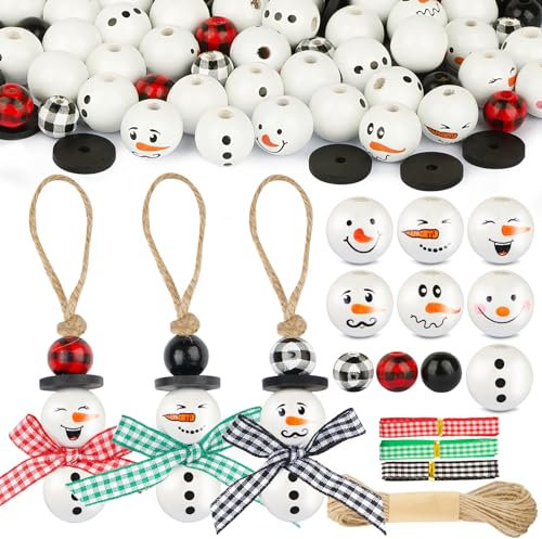 BOFUNX 120 Stücke Holzperlen Schneemann 20mm Holzkugeln mit Loch Schneemann Weihnachtsperlen mit 3M Kariert Stoffband 10M Juteschnur für Schneemann Anhänger Basteln Weihnachtsdeko Homedeko