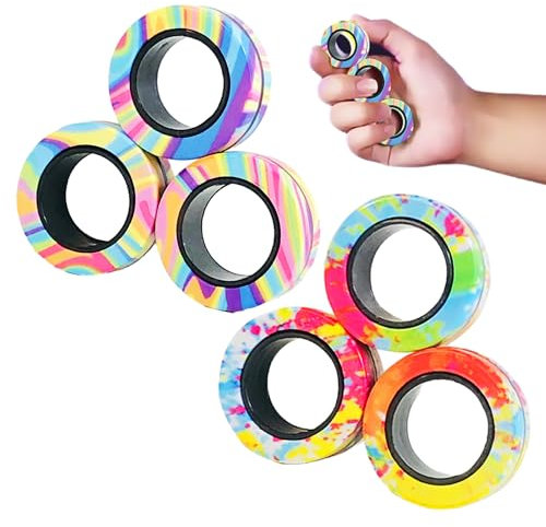 Magnetische Armbänder, schwarze magnetische Fingerringe, bunte Fidget-Spinner, drehbares Spielzeug zum Drücken der Finger, geeignet für Erwachsene und Kinder, 6 Stück (Schwarz und Farbe)