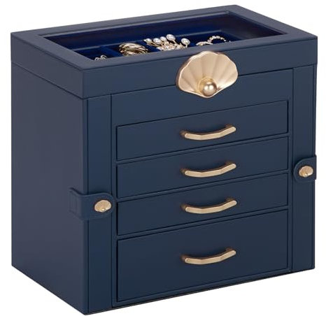 Enthralite Jewellery Box with 4 Drawers : Jewellery Display Organiser for Earrings Necklaces - Gift for Girls Women | Dark Blue
