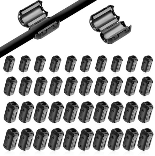 Riisoyu 40 Pezzi Ferrite Anello Nucleo, Filtro di Ferrite Antidisturbo Nucleo RFI EMI Rumore Soppressore Cavo Clip Nuclei di Ferrite per cavo di 3,5 mm, 5 mm, 7 mm, 9 mm, Colore Nero