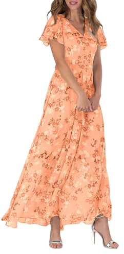 FZKun Women's Chiffon Floral Maxi Dress - Summer Elegant Boho Long Flowy Dresses Ruffle Sleeves V Neck Vacation Beach Outfit Wedding Guest Engagement Cocktail Party (XL,Orange)