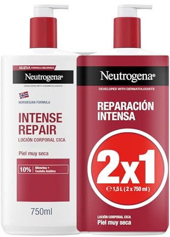 Neutrogena Norwegische Formel CICA Körperlotion Intensive Reparatur für trockene Haut (2 x 750 ml), reparierende Feuchtigkeitscreme für den Körper mit asiatischem Centella