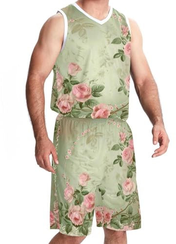 FNETJXF Basketballtrikot für Herren, Outfit, Tank-Top, Trainingsshorts, athletisches Basketball-Trikot, pastorable rosa Rose, Blumen-Blumenmuster, Muster 960, S