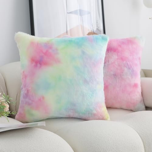 Labilin 2er Set Kissenbezüge 45x45 cm Regenbogen Flauschige Deko Kissenhülle Kunstpelz Kuschelkissenbezug Dekorative Kuschelig Kissen Plüsch Zierkissen Kissenbezug Plüschkissen Sofa Pillow Cover