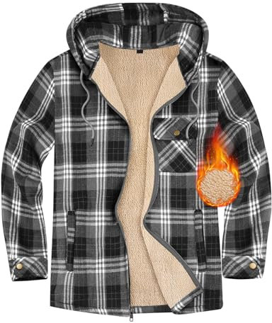 Xnova Homme Veste Chemise Flanelle à Carreaux d'hiver, Thermique Blouson Hoodies Manches Longues Sweatshirt Zippé Décontractée, Chaud Polaire Sweat Jacket à Capuche Manteau Coats (Gris, M)
