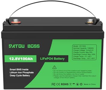 DATOUBOSS Batterie Lithium12V100Ah LiFePO4,BMS intégré 100A,8000-15000Cycles Cycle Profond Batterie Lithium,Max 1280W Puissance supportée en série/parallèle,Parfait pour Solaire, Camping-Car,Off-Grid.