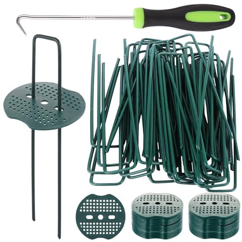 MUXHEL 100 Set Artificial Grass Pegs 6/150mm Green Weed Membrane Pegs U-Shaped Artificial Grass Pins Nails Galvanised Astro Turf pegs with Buffer Washers & Pick Hook for Netting Matting Cover