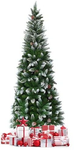RELAX4LIFE Albero di Natale Innevato 180cm/220cm con 630/720 Rami in PVC, 29/39 Pigne Decorative, Base Pieghevole di Metallo, Design con Cerniera, Decorazione Natalizia (180cm)