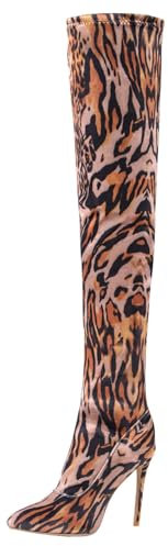 WOkismD Stivali Alti Fino alla Coscia Stivali sopra Il Ginocchio per Donna Punta a Punta Tacchi a Spillo da 4,3 Pollici Tacco Alto Stivali Lunghi in Pelle Scamosciata Elasticizzata con,Marrone,37