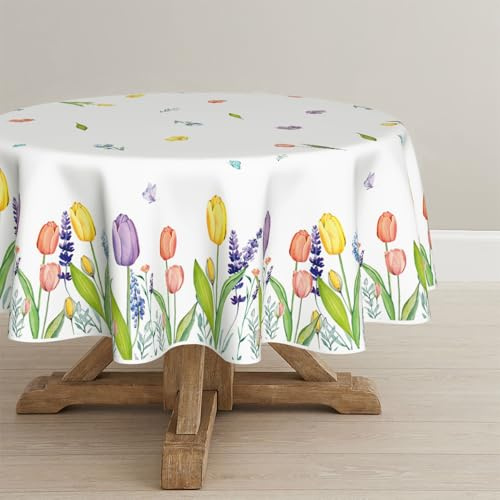 Artoid Mode Tulpe Lavendel Blumen Schmetterling Frühling Tischdecke Rund 120 cm, Saisonnal Sommer Fleckschutz Tischwäsche Küche Dekoration Party Dekor