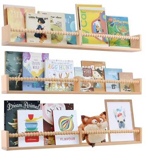 birola Bücherregale für Kinderzimmer, 81,3 cm, schwebende Wand-Bücherregale, platzsparende Kinderzimmer-Regale mit Perlen-Design für Kinderzimmer, Schlafzimmer und Arbeitszimmer (Natur)