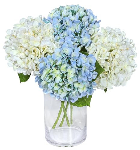 4 fiori artificiali di ortensia da 50,8 cm, in lattice bianco e azzurro, realistici al tatto, ortensie finte, per decorazione domestica, feste, baby shower, matrimoni, centrotavola, bouquet floreale