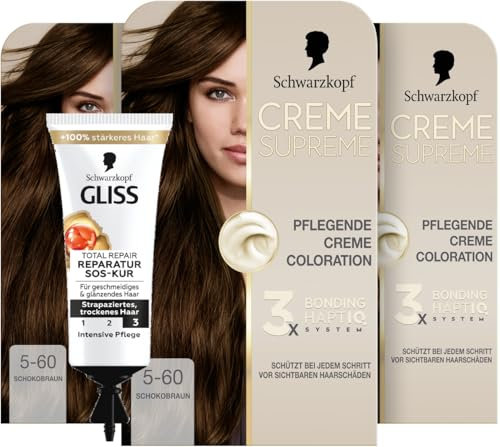 Schwarzkopf Creme Supreme Coloration 5-60 Schokobraun (3x 182 ml), dauerhafte Haarfarbe mit Serum und Haar-Maske & SOS-Intensiv-Kur Total Repair (15 ml), Haarkur mit Keratin