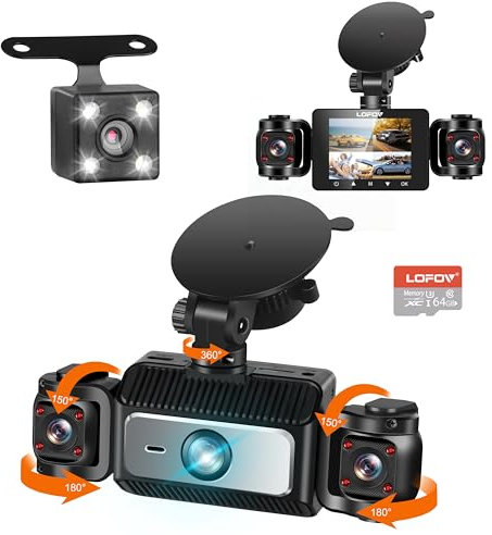 360° 4 Channel Dash Cam Front and Rear Inside,LOFOV FHD 1080P Front Left Right and Rear,Free 64GB SD Card,Multi-Ch Dash Camera for Cars,Black Box Trafflc Recorder,Night Vision,24H Parking Mode