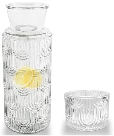 Bedside Water Carafe and Glass Set, Mouthwash Water Dispenser for Bathroom, 21.6 OZ Glass Pitcher Bottles with 6 OZ Lid for Kitchen Bedroom and Dining (Clear)