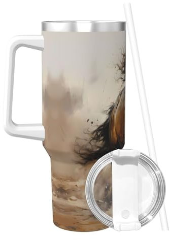 PHAYAH Western Horse Tasse à café de voyage isotherme en acier inoxydable avec poignée et paille 1,2 l