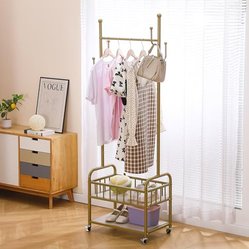 BOOSDEN Portant à vêtements avec doubles traverses,métallique, Doré | et roulettes,barre à vêtements mobile avec 4 crochets, pour manteaux, chemises, robes, chaussures et sacs