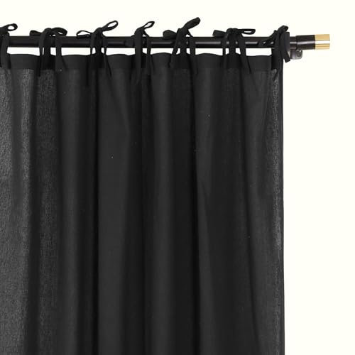 THE ART BOX Natural Gauze Blended Curtains Linen Sabsitute Energy Efficient Light Filtering Tie Top Door Window Treatment 2 Panel Drape for Livingroom (Black, L 72 X W 42 Each Panel)