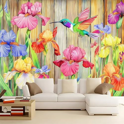 Carta da Parati Panoramica Fiori e uccelli acquerellati 300x210 cm Carta da Parati Murale Non Tessuto Poster Gigante, per Camera da Letto Soggiorno TV Sfondo Parete Murali